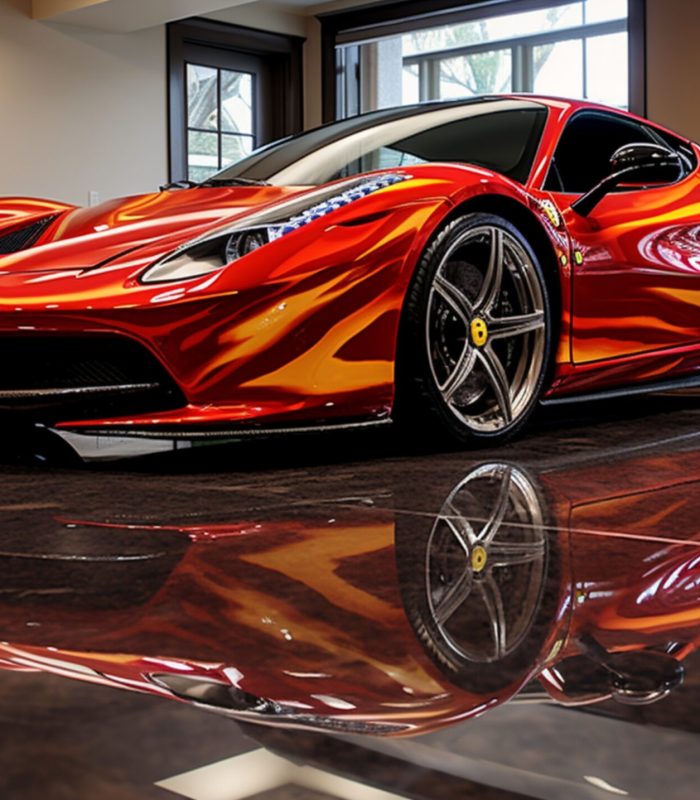 A glossy epoxy floor with a luxury sports car in a garage, featuring a mesmerizing, abstract, and high-gloss surface finish.